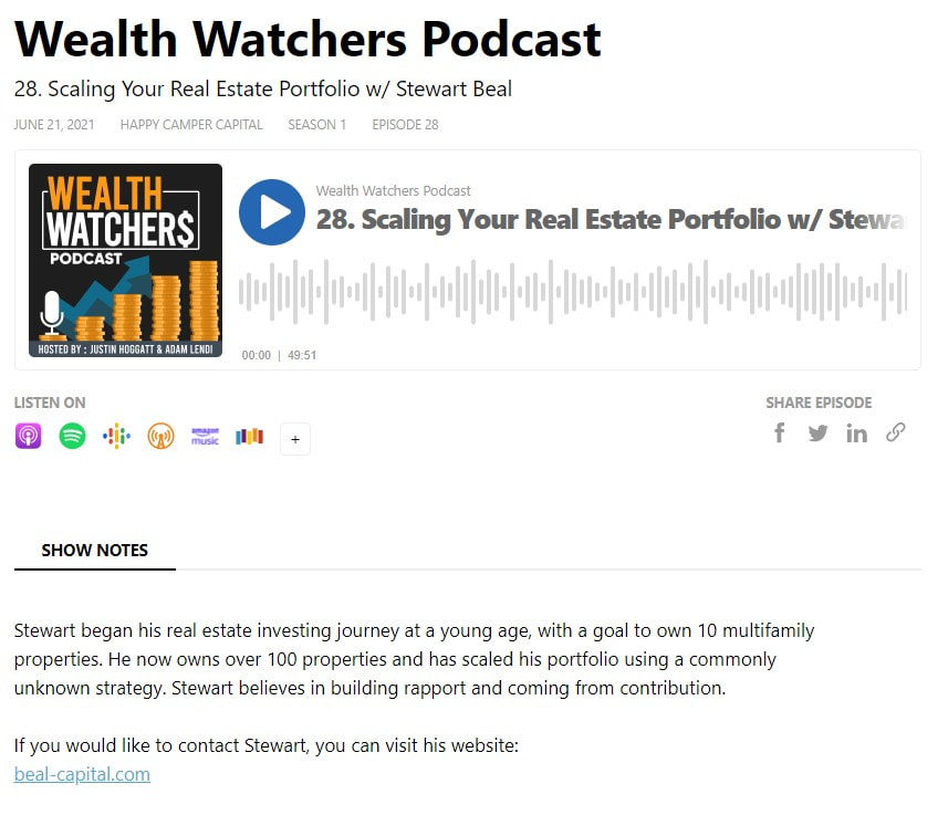 Wealth Watchers podcast screenshot of website with podcast